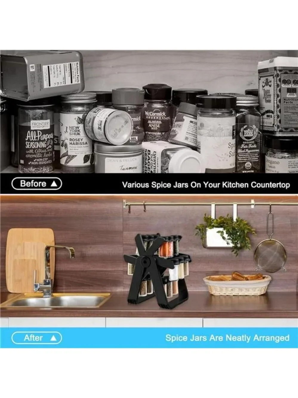 Rotating spice rack with 18 glass jars ferris wheel countertop kitchen organizer